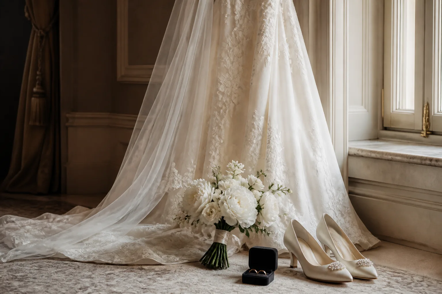 Traditional wedding gown, veil, bouquet, shoes, and rings arranged beside a window