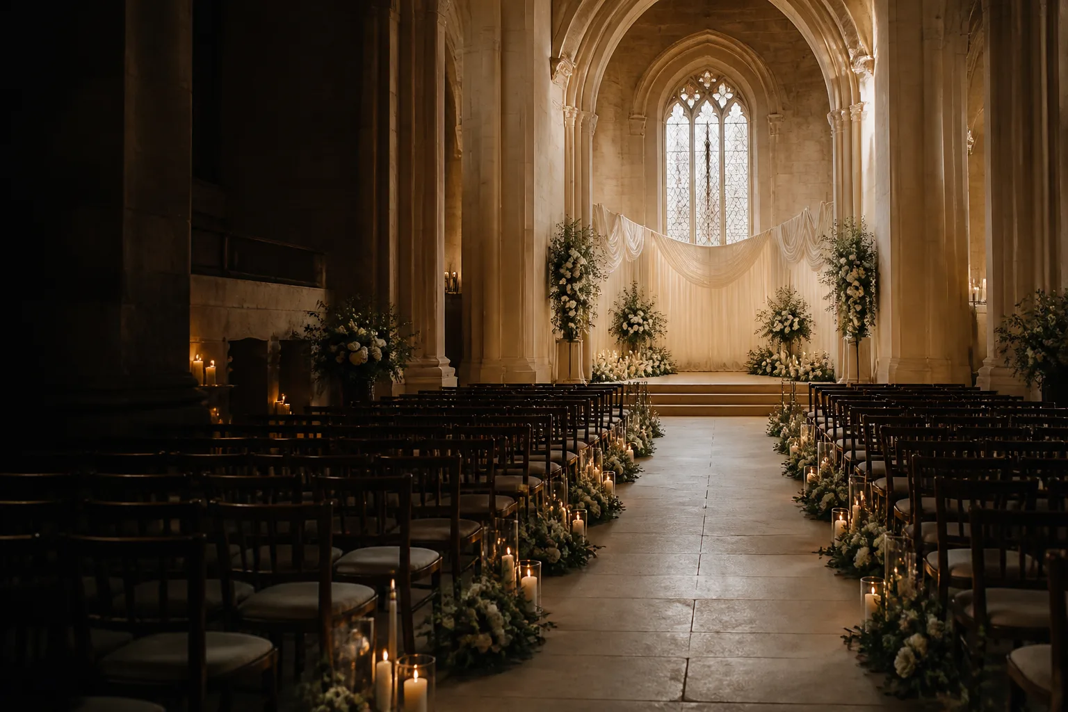 Traditional candlelit wedding ceremony prepared inside a historic stone chapel