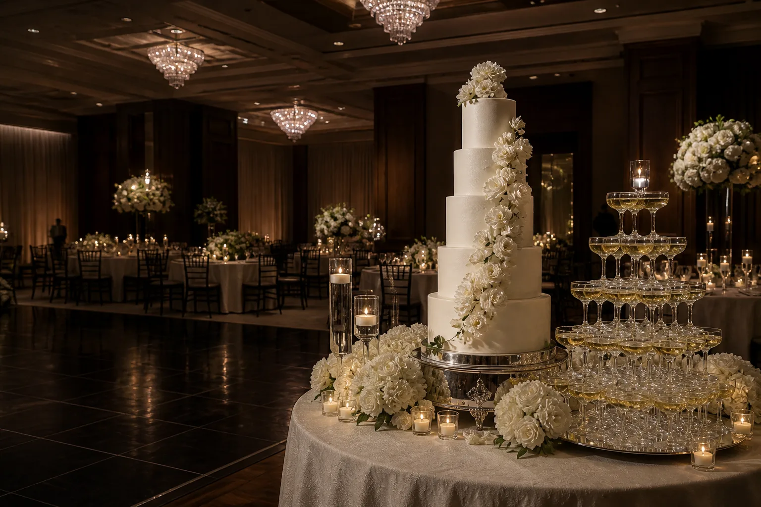 Black-tie Dallas wedding reception with an ivory cake, champagne tower, and candlelight