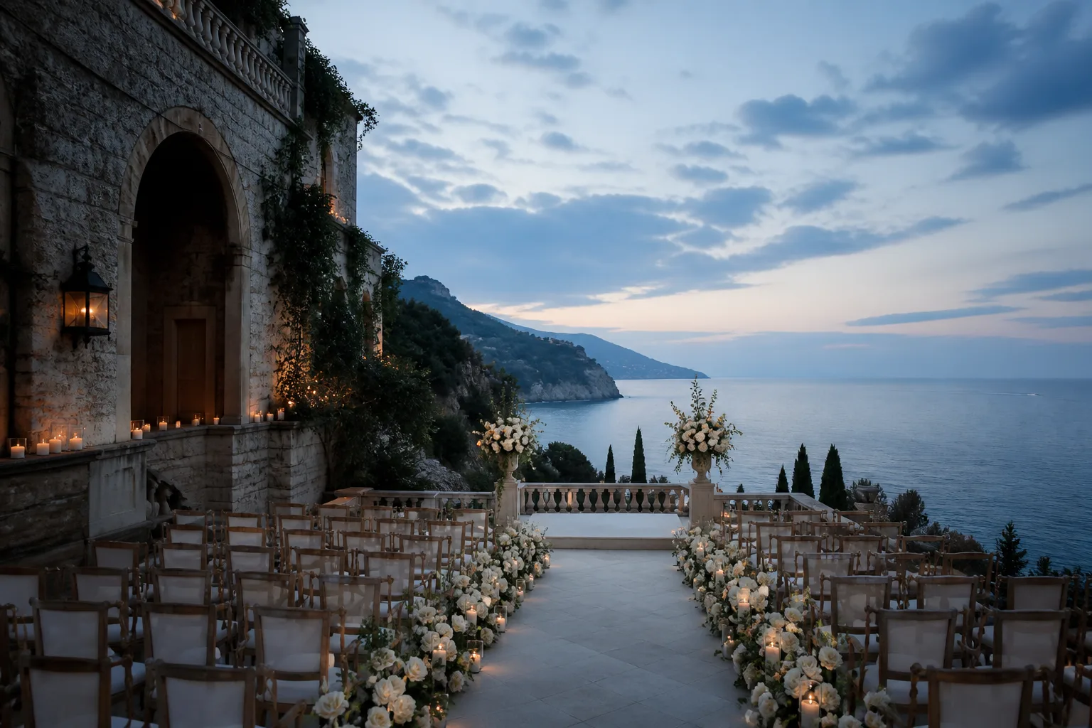 People-free destination wedding ceremony prepared on a Mediterranean coastal terrace